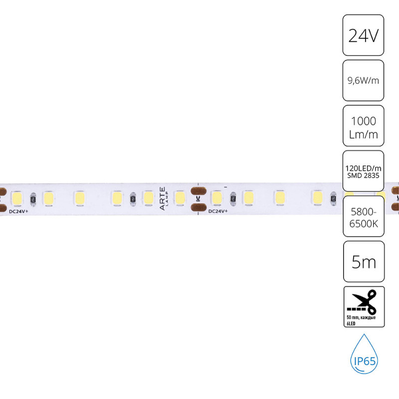 Светодиодная влагозащищенная лента 24V, 9,6W, 5000lm, 6000К, IP65, Arte Lamp Aqua Tape A2412008-06-6K, Белый, цена за катушку 5 метров