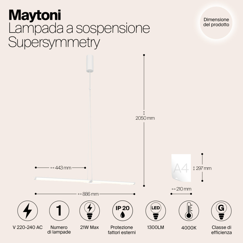 Подвесной светильник  4*4*88,6 см, LED 1 21W, 4000К, Белый Maytoni Supersymmetry P096PL-L11WK1