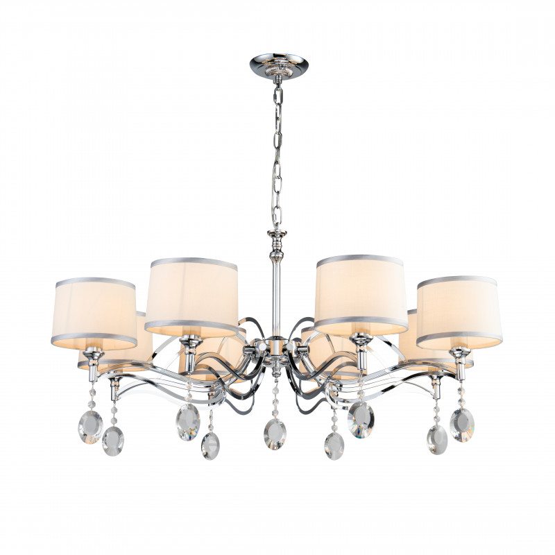 Подвесная люстра Favourite Semina 2707-8P, D930*H430/1430, хром, абажуры из белой ткани с серебряной тесьмой, декоративные элементы из прозрачного хрусталя