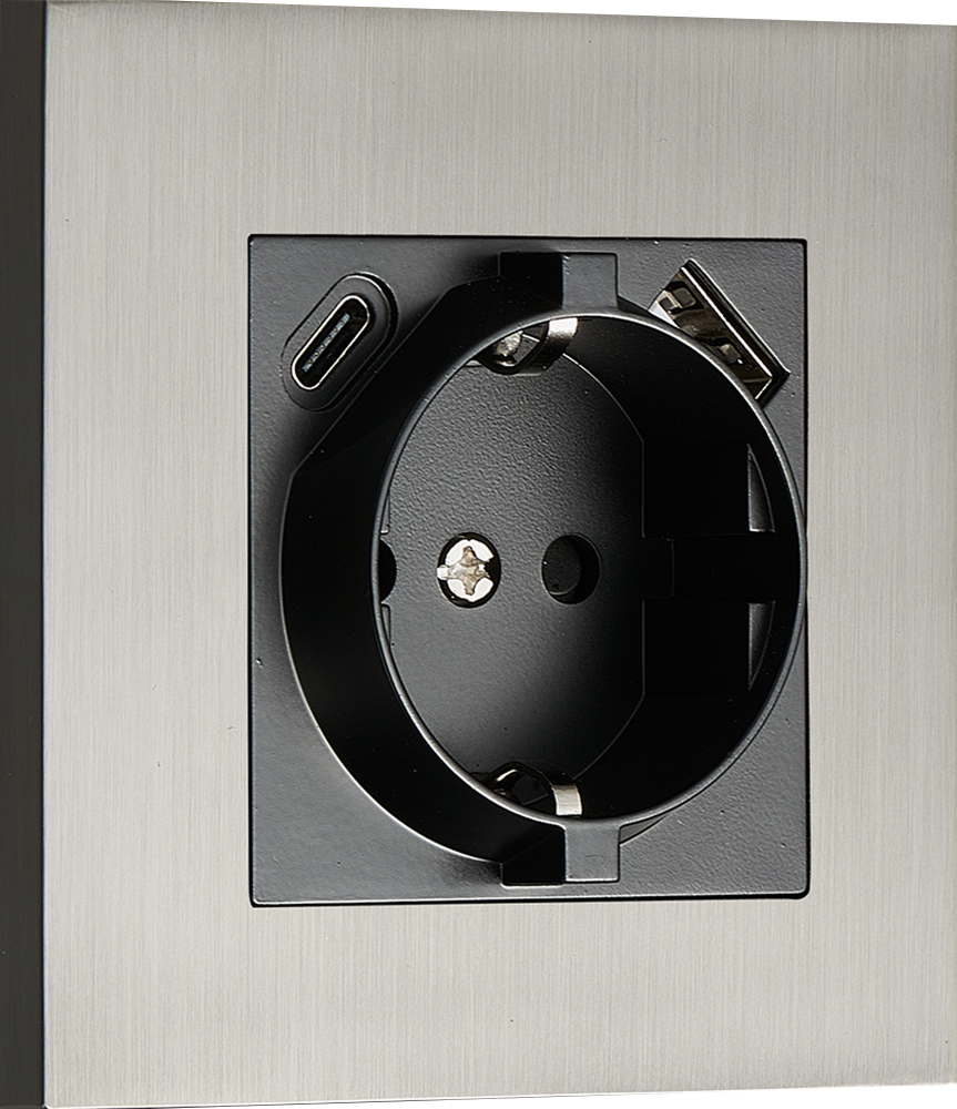 Donel N96 Розетка Schuko с зарядным устройством USB A+C, с защитными шторками, Вороненая сталь, серия DT, DT155GB
