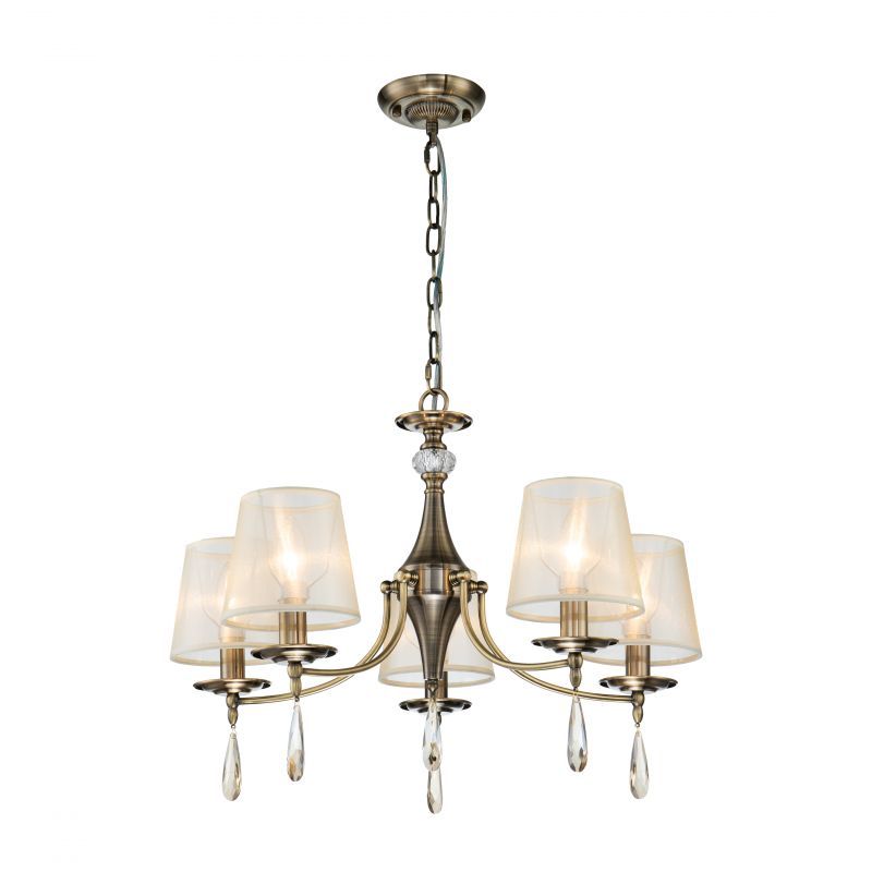 Подвесная люстра F-Promo Imber 2639-5P, D670*H475/1475, античной бронзы, абажуры из органзы цвета шампанского, декоративные элементы из хрусталя янтарного цвета