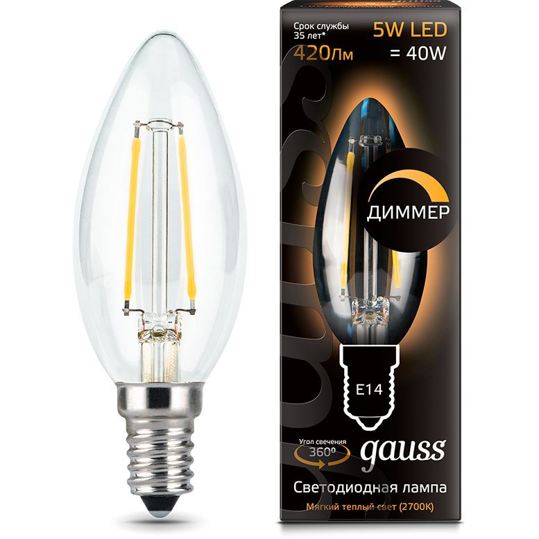 Лампа светодиодная Е14, 5W=40W, диммируемая Gauss LED Filament Candle 2700К теплый свет 103801105-D