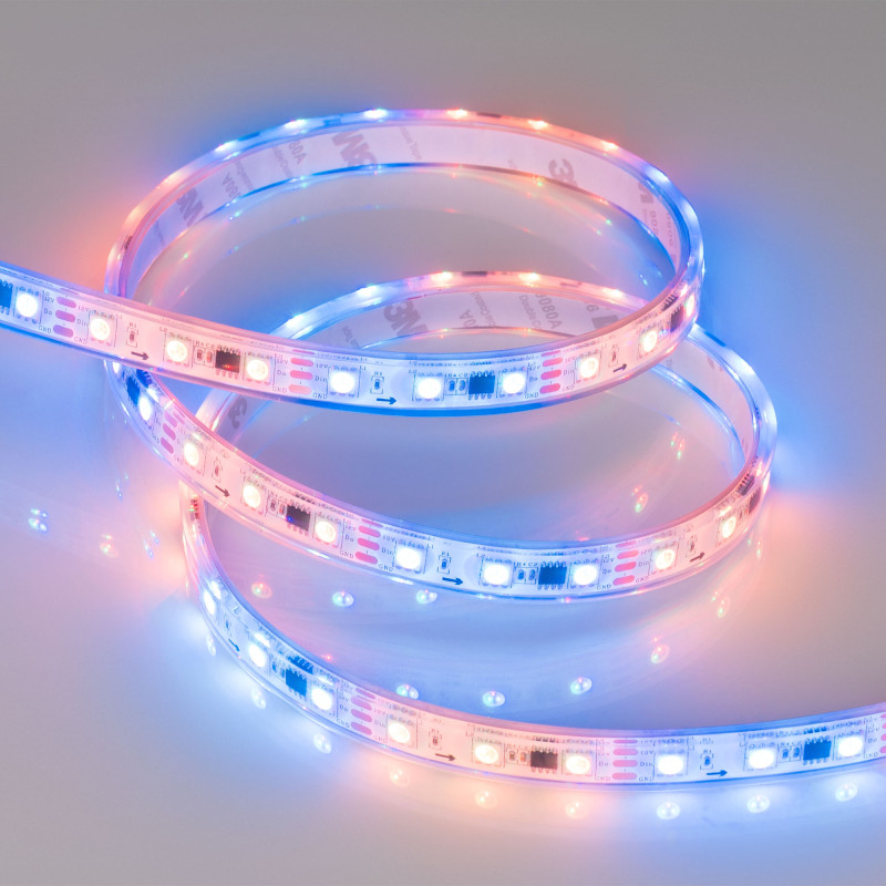 Лента герметичная SPI-PFS-B60-12mm 12V RGB-PX3 (14.4W/m, IP68, 5060, 5m) (Arlight, бегущий огонь) 026155(3). Цена указана за 5 метров. Продается кратно 5 метрам.
