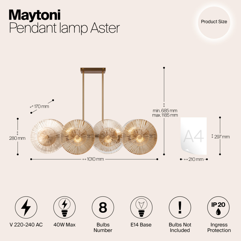 Светильник 101 см, Maytoni Aster MOD007PL-08G1, золото
