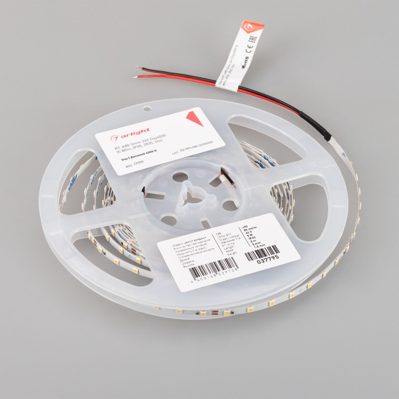 Лента RT-A80-5mm 24V Day4000 (5 W/m, IP20, 2835, 5m) (Arlight, Открытый) 037795. Цена указана за 5 метров. Продается кратно 5 метрам.