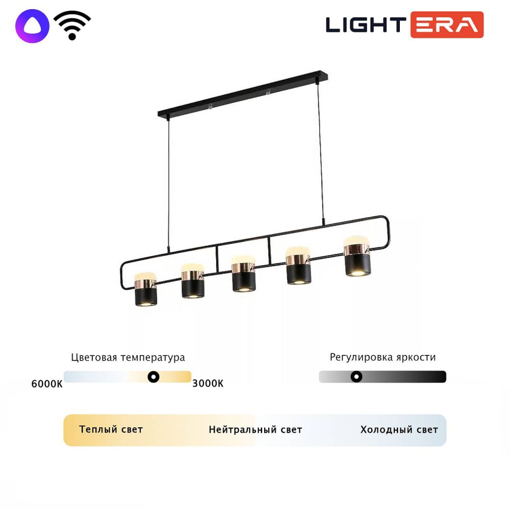 Светильник подвесной 110*20-200 см, 5*LED*6W, 3000-6000K, Lightera Rudolf LE114L-5B SMART, Черный