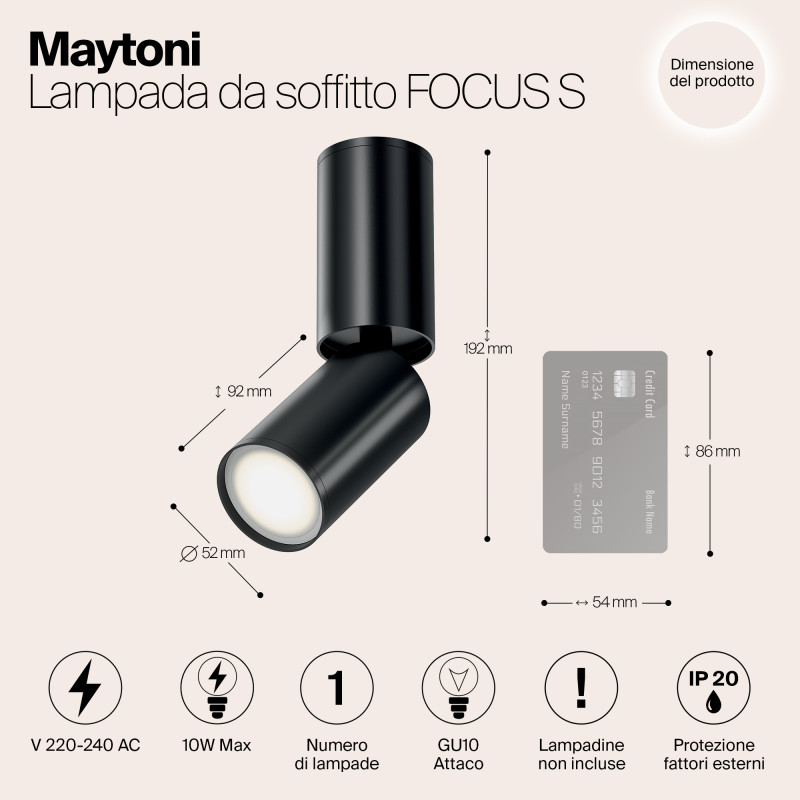 Светильник 5*5 см, GU10 10W, Maytoni Focus S C051CL-01B, черный