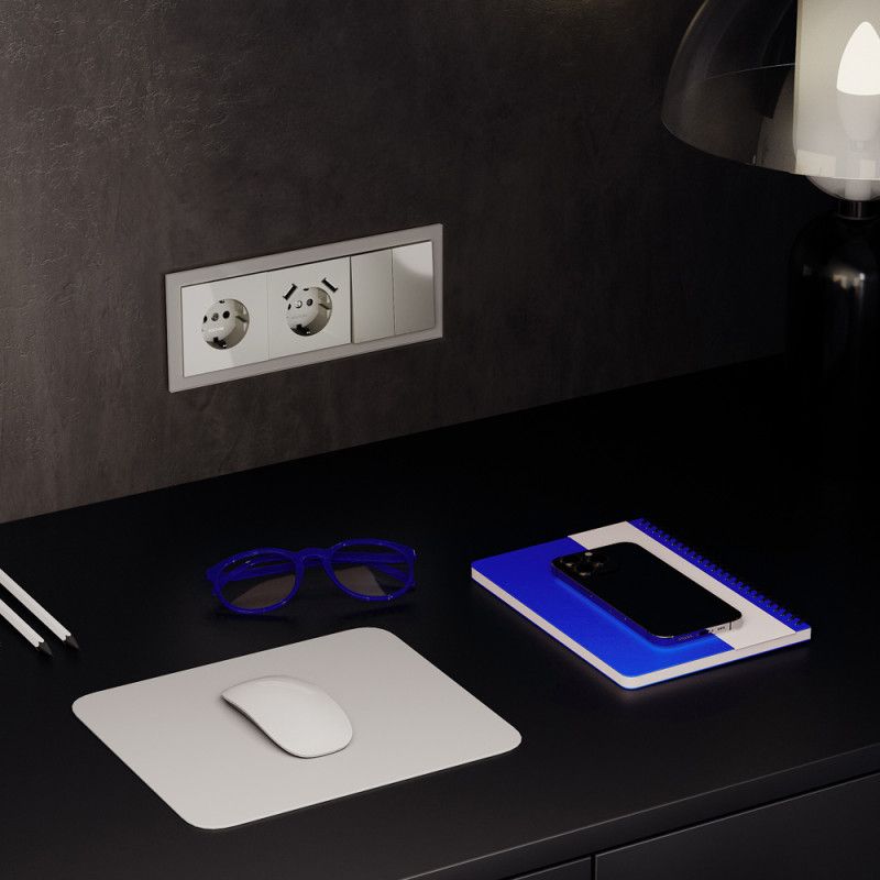 Розетка встраиваемая Voltum S70 с заземлением и защитными шторками, 16А, с USB, A+A, шелк пластик Soft touch VLS040404