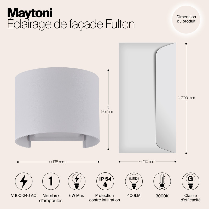 Уличное бра 6W, 3000К Maytoni Fulton O573WL-L6W, белый/матовый