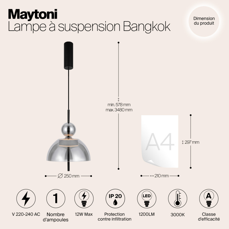 Подвесной светильник  25*57,8 см, LED 1 12W, 3000К, Черный Maytoni Bangkok MOD185PL-L6B3K4