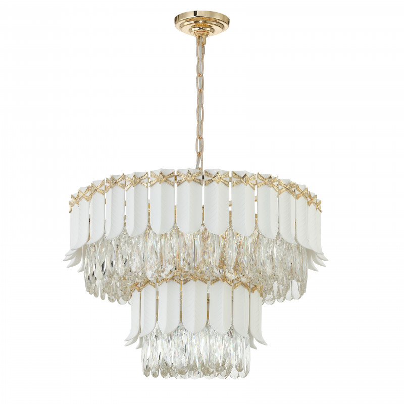 Люстра 2в1 Favourite Frons 2734-9PC, D550*H370/1170, каркас золотого цвета, керамические пластины белого цвета с золотым орнаментом, подвески из хрусталя высшего качества
