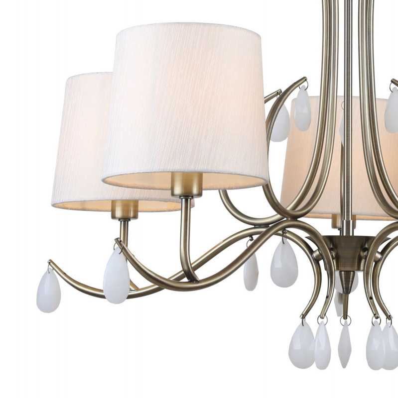 Подвесная люстра Favourite Castellum 2769-5P, D730*H520/1520, античная латунь, плафоны из ткани кремового цвета, декоративные элементы в виде хрустальных подвесок