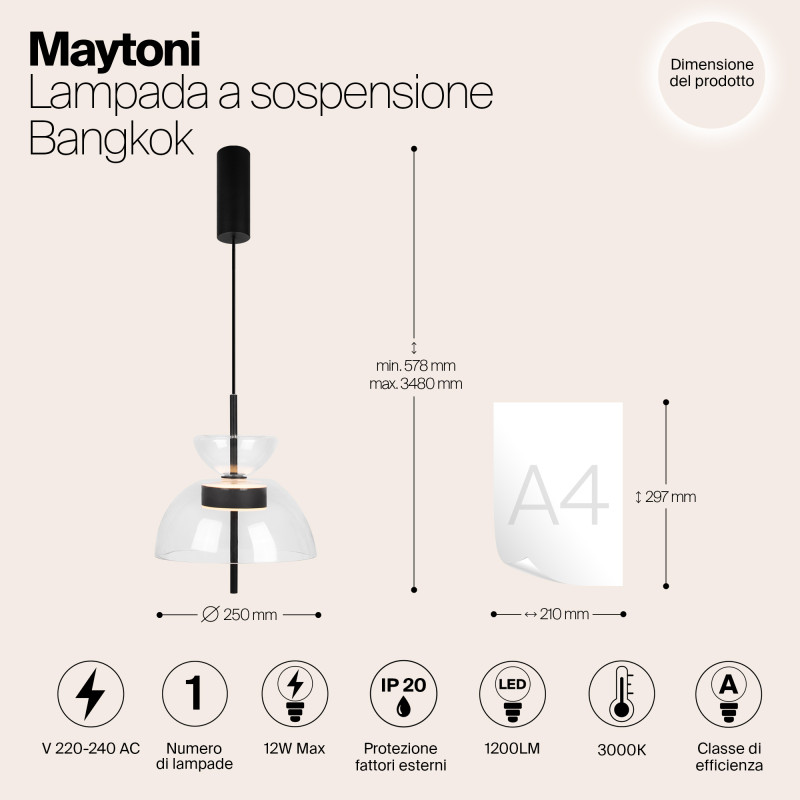 Подвесной светильник  25*57,8 см, LED 1 12W, 3000К, Черный Maytoni Bangkok MOD185PL-L6B3K2