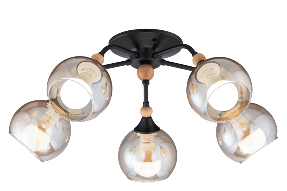 Люстра Ø610 x H215, мм, 5*40W (200W), BK+WOOD(Чёрный+Дерево) Rilon 5062/5 BK+WOOD