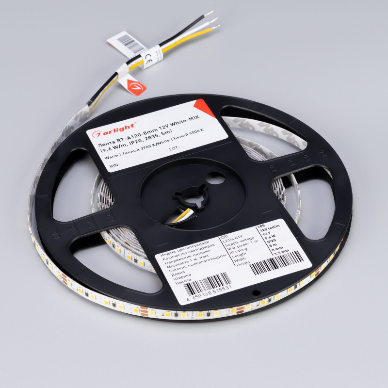 Лента RT-A120-8mm 12V White-MIX (9.6 W/m, IP20, 2835, 5m) (Arlight, Изменяемая ЦТ) 013126(2). Цена указана за 5 метров. Продается кратно 5 метрам.