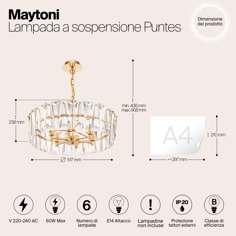 Подвесная люстра Maytoni Puntes MOD043PL-06G, диаметр 53 см, золото