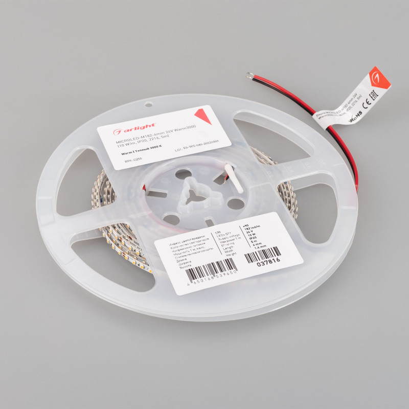 Лента MICROLED-M182-4mm 24V Warm3000 (10 W/m, IP20, 2216, 5m) (Arlight, узкая) 037816. Цена указана за 5 метров. Продается кратно 5 метрам.