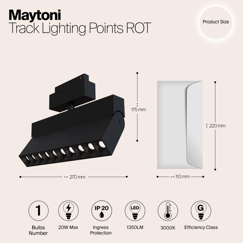 Светодиодный светильник 27 см, 20W, 3000K, Maytoni Track lamps S35  TR015-2-20W3K-B, 20W LED, 3000K, черный трековый