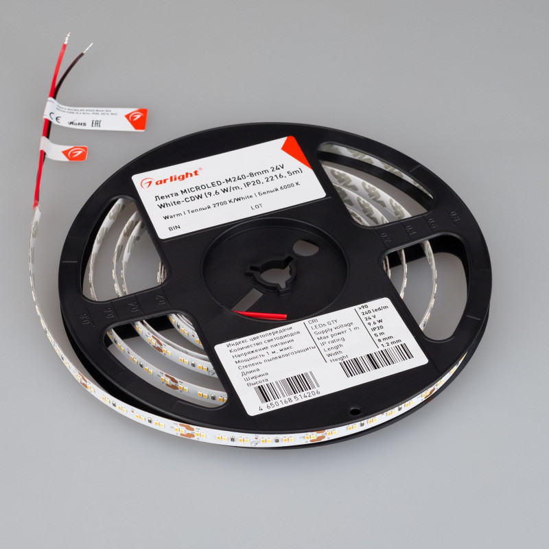 Лента MICROLED-M240-8mm 24V White-CDW (9.6 W/m, IP20, 2216, 5m) (Arlight, Открытый) 024507(2). Цена указана за 5 метров. Продается кратно 5 метрам.