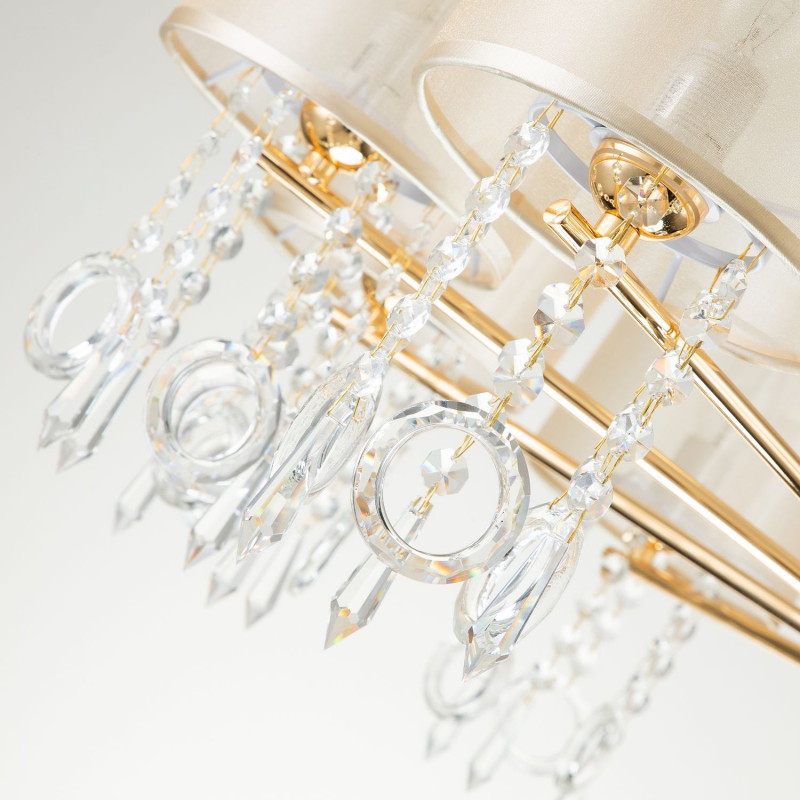 Подвесная люстра Favourite Ventus 2891-10P, D920*H460/1460, Каркас золотого цвета, плафон из органзы янтарного цвета, декоративные элементы из стекла и хрусталя