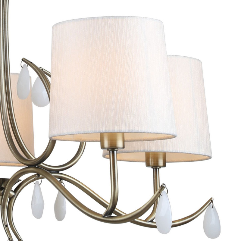Подвесная люстра Favourite Castellum 2769-5P, D730*H520/1520, античная латунь, плафоны из ткани кремового цвета, декоративные элементы в виде хрустальных подвесок