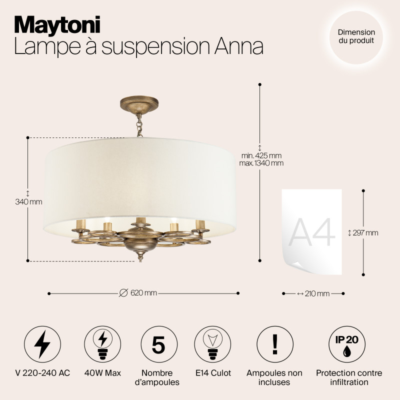 Подвесная люстра Maytoni Anna H007PL-05G, кремовый, диаметр 62см