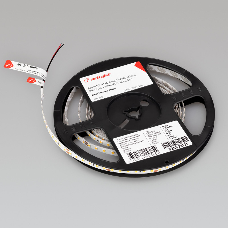 Лента RT-A120-8mm 24V Warm3500 CRI98 (14.4 W/m, IP20, 2835, 5m) (Arlight, Открытый) 028573(2). Цена указана за 5 метров. Продается кратно 5 метрам.