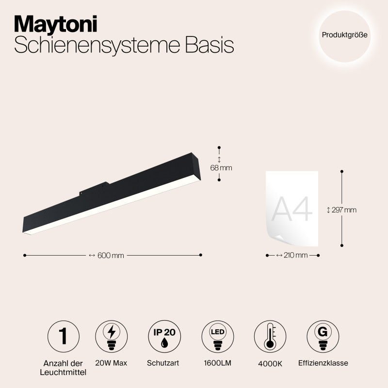 Светодиодный светильник 60 см, 20W, 4000K, Maytoni Technical Basis S35 TR012-2-20W4K-B, черный трековый