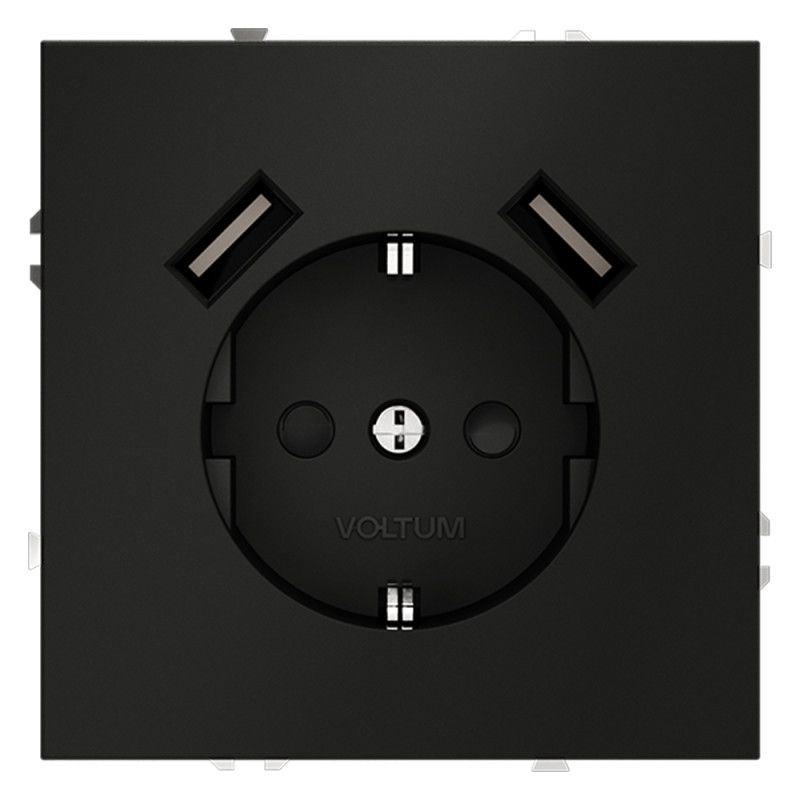Розетка встраиваемая Voltum S70 с заземлением и защитными шторками, 16А, с USB, A+A, черный матовый пластик Soft touch VLS040408