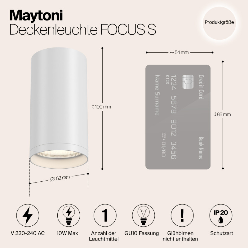 Светильник 5*5 см, GU10 10W, Maytoni Focus S C052CL-01W, белый