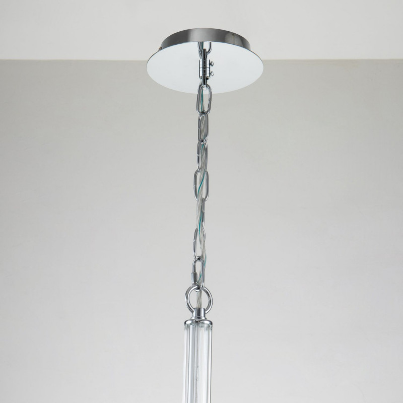 Подвесная люстра Favourite Aureola 2873-12P, D965*H650/1650, хром, плафоны из белой ткани с серебристыми лентами, декоративные элементы из прозрачного стекла