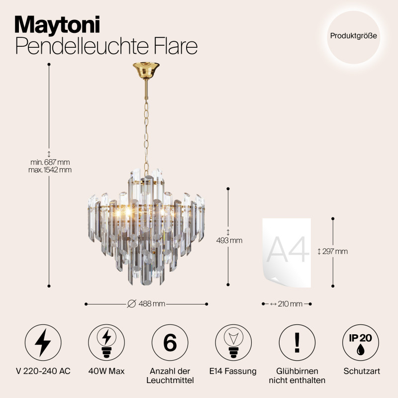 Подвесной светильник Maytoni Diamant Crystal Flare DIA200PL-06G, диаметр 49 см, золото