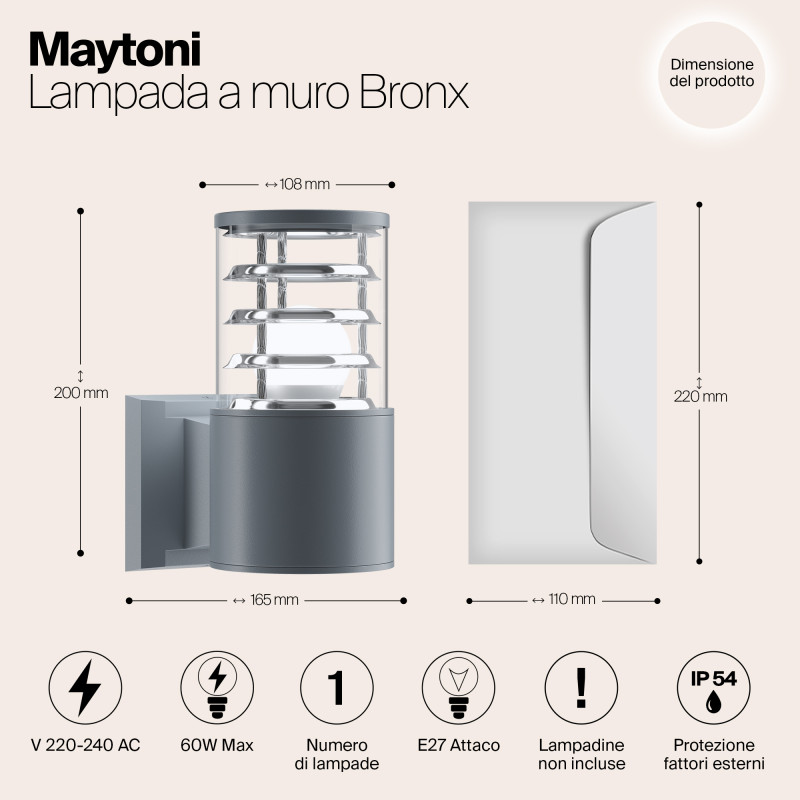 Светильник 20 см, Maytoni Bronx O576WL-01GR, серый