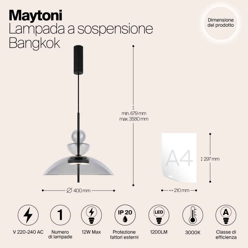 Подвесной светильник  40*67,9 см, LED 12W, 3000К, Черный Maytoni Bangkok MOD185PL-L11B3K3
