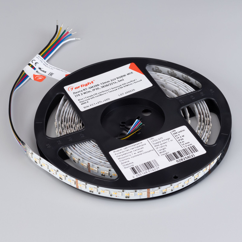 Лента RT-GM288-12mm 24V RGBW-MIX (19.2 W/m, IP20, 3838/2216, 5m) (Arlight, Открытый) 028258(2). Цена указана за 5 метров. Продается кратно 5 метрам.