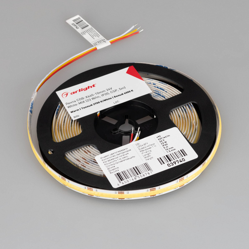 Лента COB-X640-10mm 24V White-MIX (23 W/m, IP20, CSP, 5m) (Arlight, Изменяемая ЦТ) 039740. Цена указана за 5 метров. Продается кратно 5 метрам.