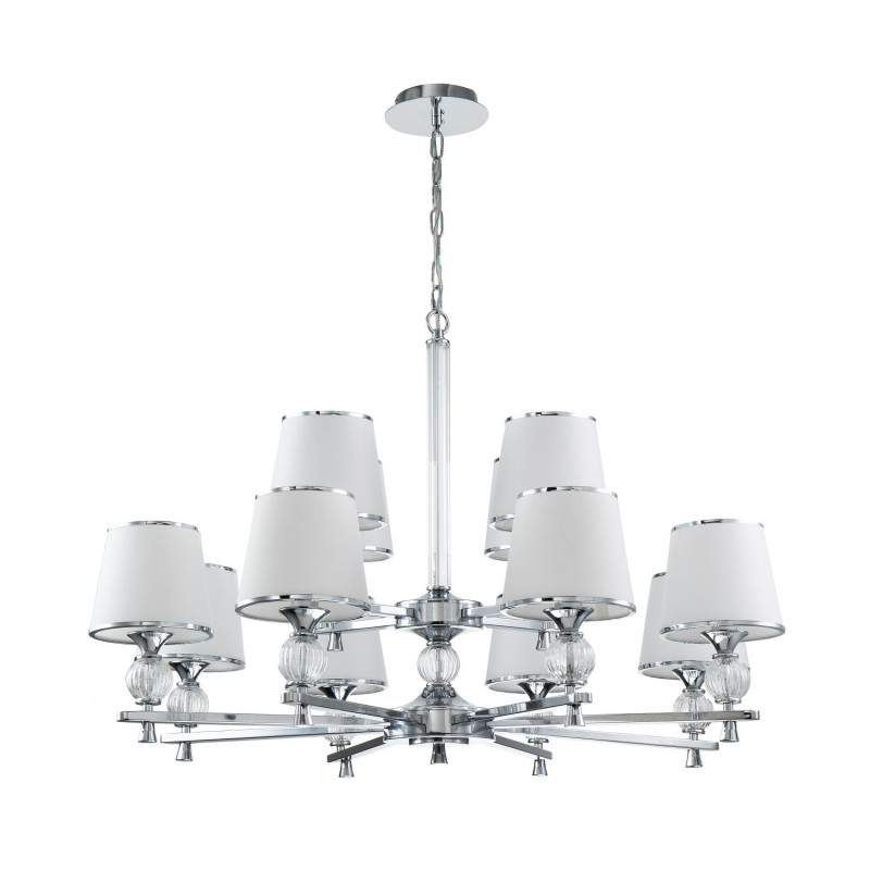 Подвесная люстра Favourite Aureola 2873-12P, D965*H650/1650, хром, плафоны из белой ткани с серебристыми лентами, декоративные элементы из прозрачного стекла