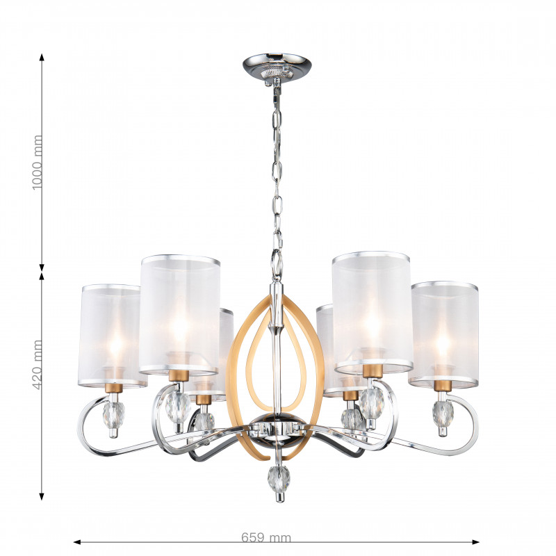 Подвесная люстра Favourite Stine 2705-6P, D650*H420/1420, каркас серебряного цвета и цвета латуни, абажур из полупрозрачной органзы с серебряной тесьмой, декоративные элементы выполнены из прозрачного хрустал