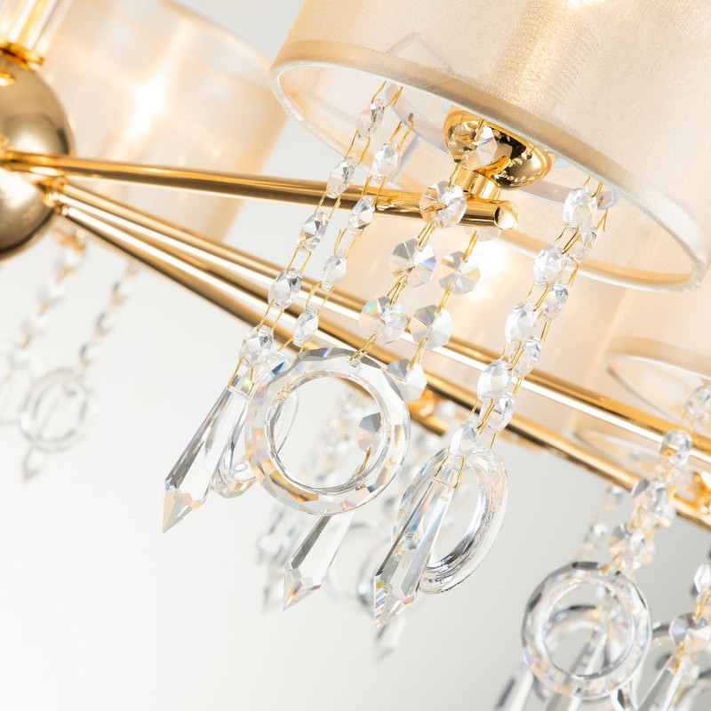 Подвесная люстра Favourite Ventus 2891-10P, D920*H460/1460, Каркас золотого цвета, плафон из органзы янтарного цвета, декоративные элементы из стекла и хрусталя