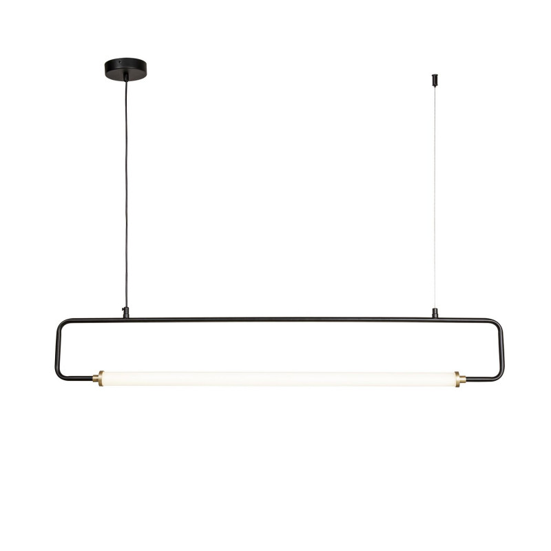 Подвесная люстра Favourite Inspire 4100-1P, L1000*W30*H150/1650, каркас матового черного цвета с золотыми декоративными элементами, белый акриловый рассеиватель, часть каркаса фиксируется тросиком для баланса