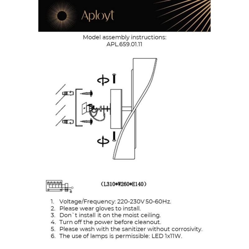 Бра 13*26*30 см 11W, 4000K, Aployt VIOLA APL.659.01.11, латунный