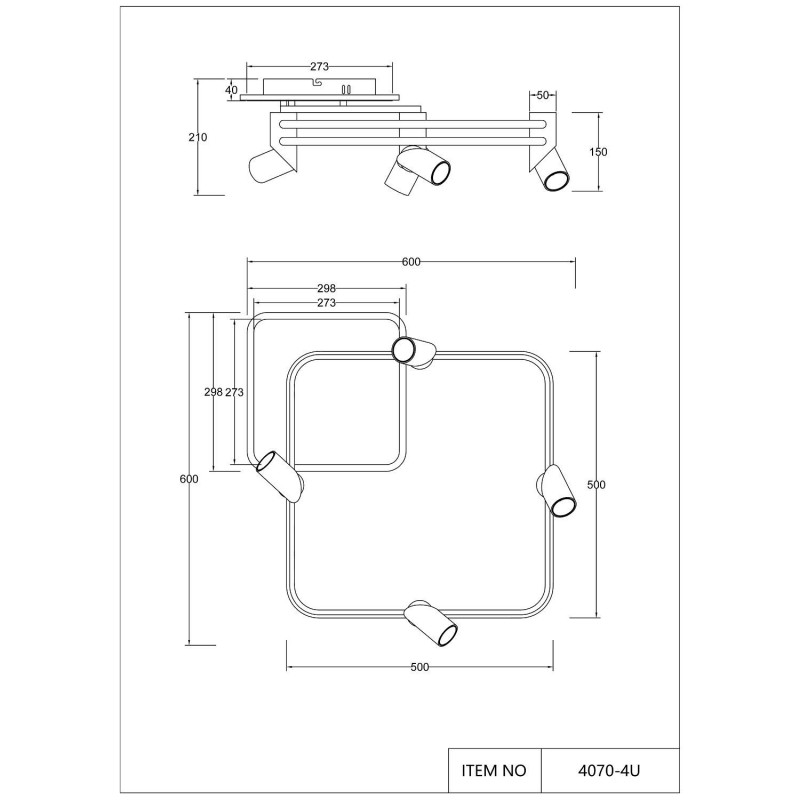 Потолочный светильник Favourite Cosmical 4070-4U, L600*W600*H210, потолочный светильник черного цвета в  сочетании с золотыми поворотными спотами на каркасе, встроенные ленты LED по периметру. Пульт управления цветом
