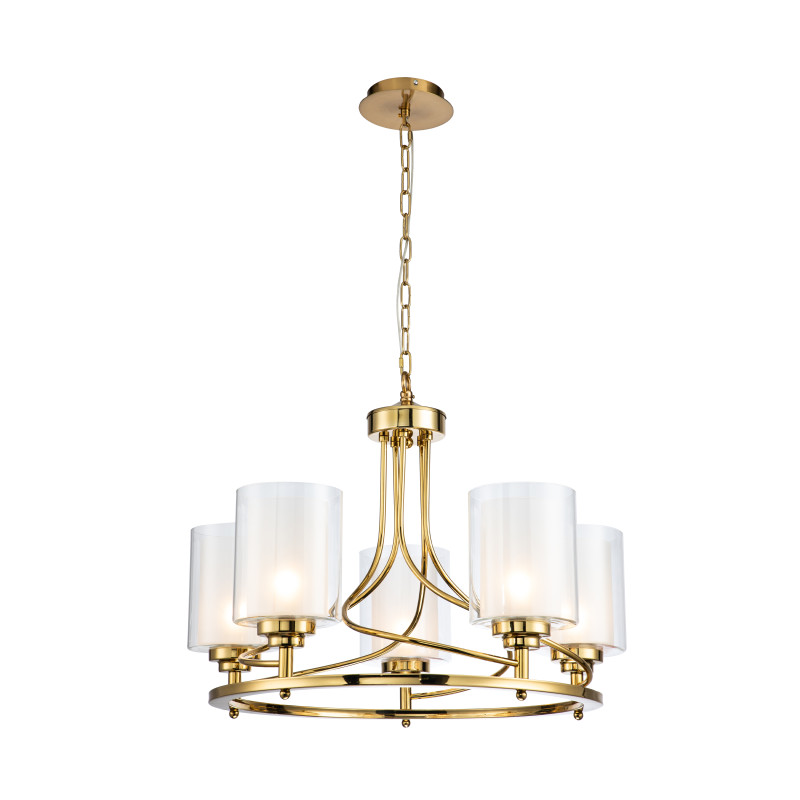 Подвесная люстра Favourite Plexus 2963-5P, D690*H500/1500, каркас золотого цвета, внутренние плафоны из белого стекла, внешние плафоны из прозрачного стекла