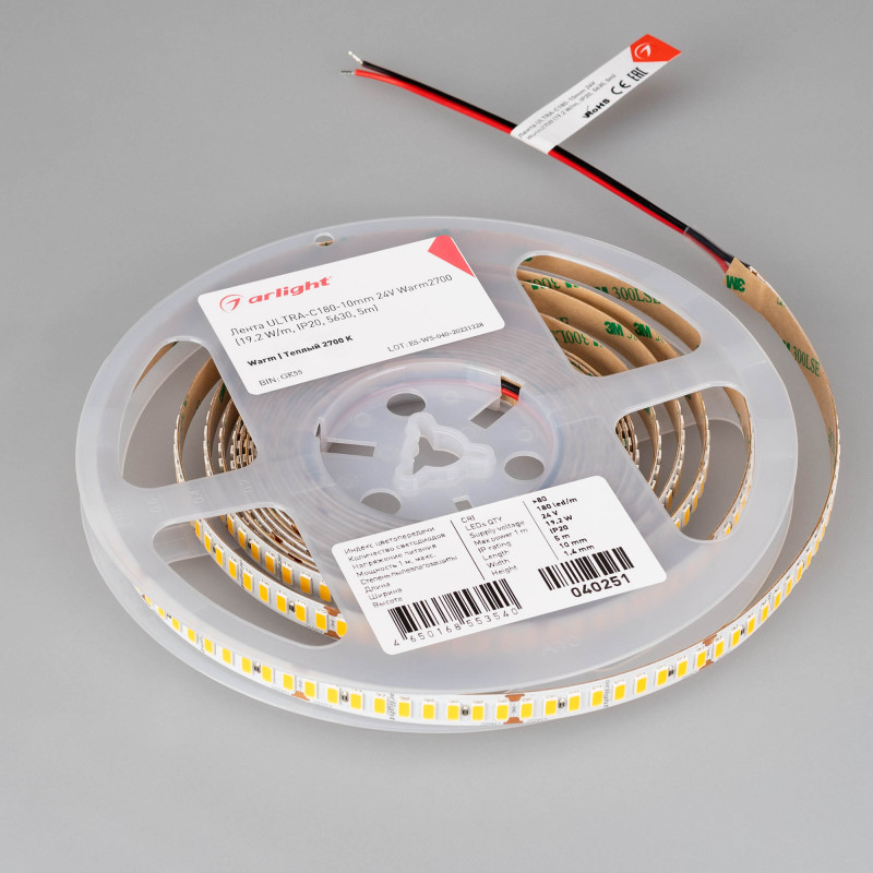 Лента ULTRA-C180-10mm 24V Warm2700 (19.2 W/m, IP20, 5630, 5m) (Arlight, высок.эфф.200 лм/Вт) 040251. Цена указана за 5 метров. Продается кратно 5 метрам.