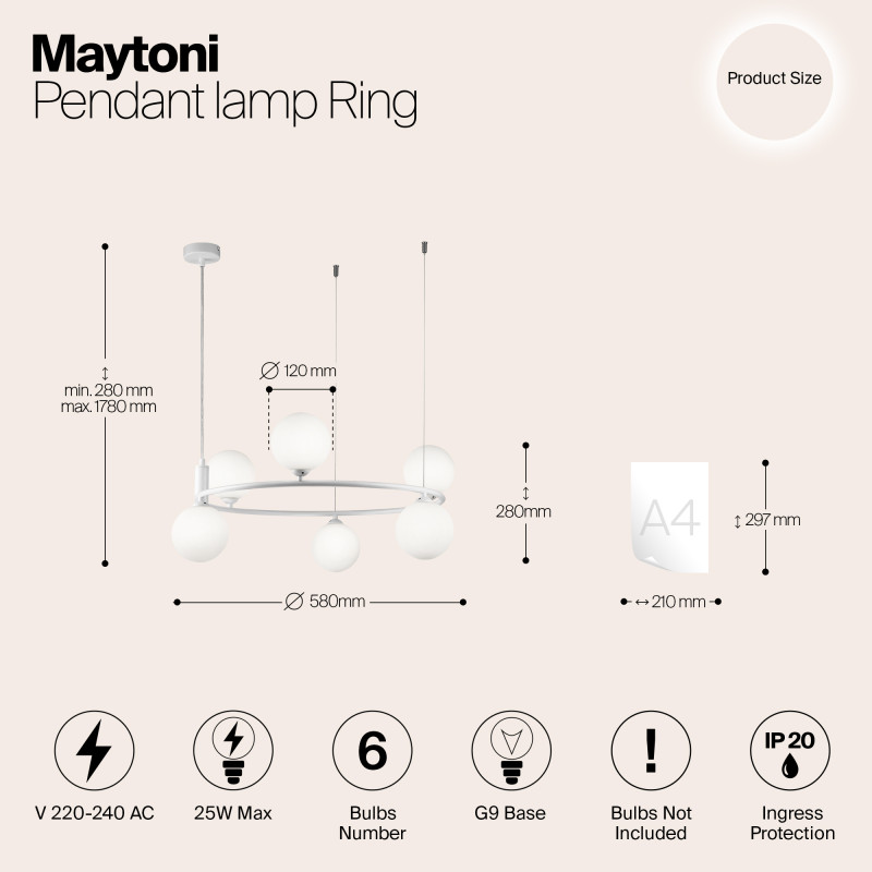 Подвесная люстра Maytoni Ring MOD013PL-06W, белый, диаметр 58см