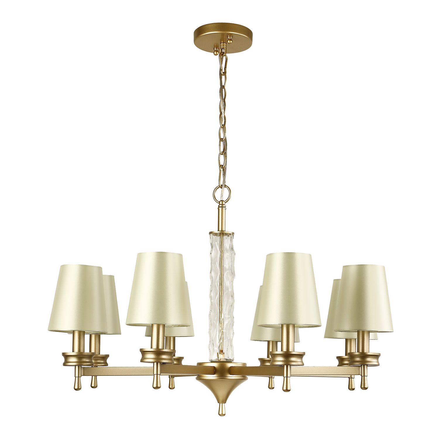 Подвесная люстра F-Promo Hefestos 2945-8P, D830*H550/1550, матового золота, плафон из бежевой атласной ткани, декоративные элементы из прозрачного стекла