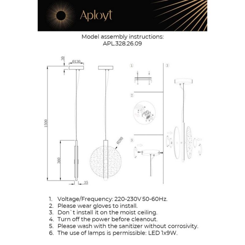 Подвесной светильник 28*50-160 см, 1*LED, 9W, 3000K, Aployt Lorentayn APL.328.26.09, черный