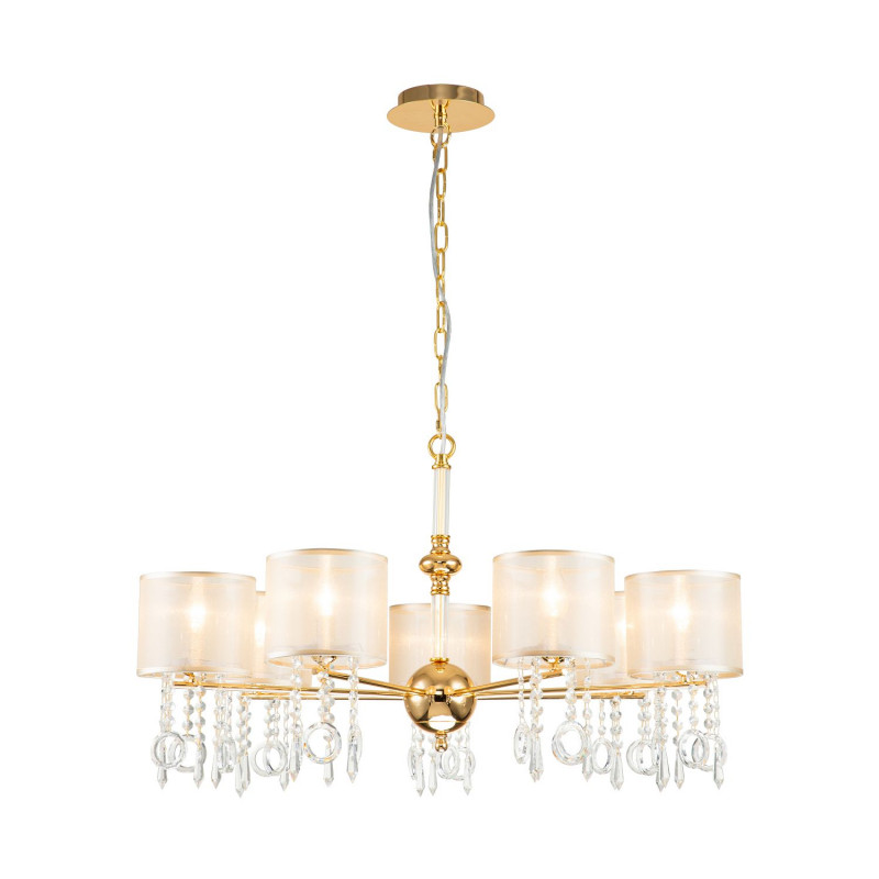 Подвесная люстра Favourite Ventus 2891-7P, D820*H460/1460, Каркас золотого цвета, плафон из органзы янтарного цвета, декоративные элементы из стекла и хрусталя