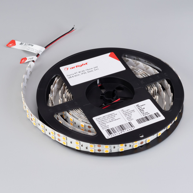 Лента RT-B120-15mm 24V Warm2700 (28.8 W/m, IP20, 5060, 5m) (Arlight, Открытый) 011259(2). Цена указана за 5 метров. Продается кратно 5 метрам.