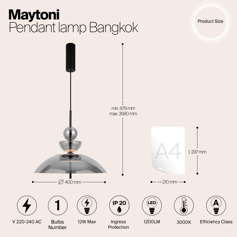Подвесной светильник  40*67,9 см, LED 1 12W, 3000К, Черный Maytoni Bangkok MOD185PL-L6B3K6